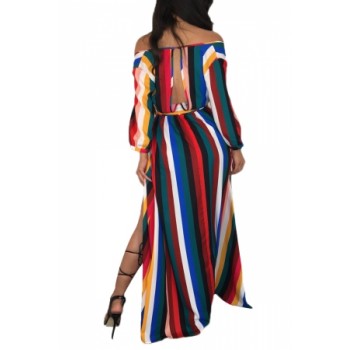 Rainbow Striped Off Shoulder Belted Maxi Jumpsuit 